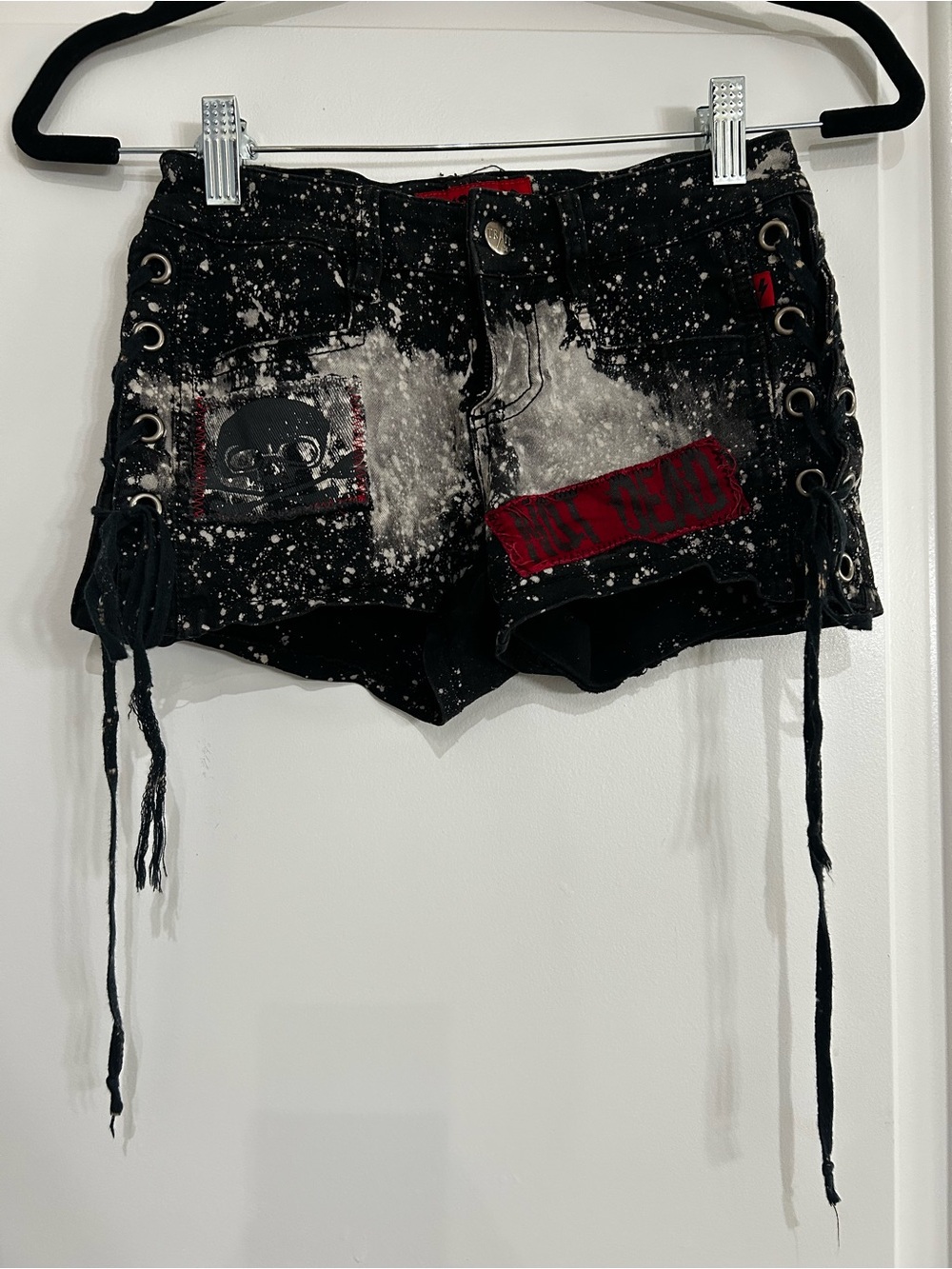 Black Bleach-Splatter Lace-Up Women's Shorts with Red Patch